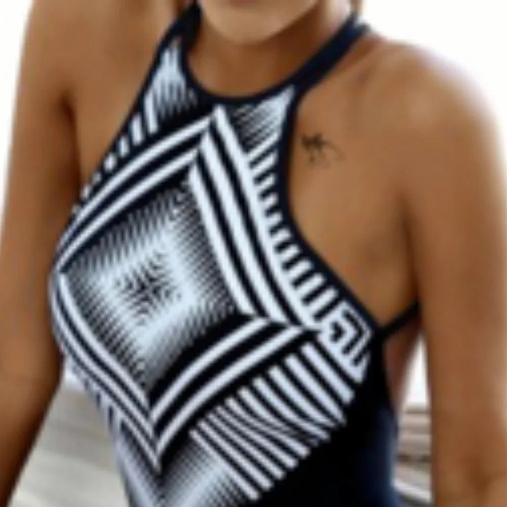 Geometric Pattern Printed Swimsuit Black White NEW